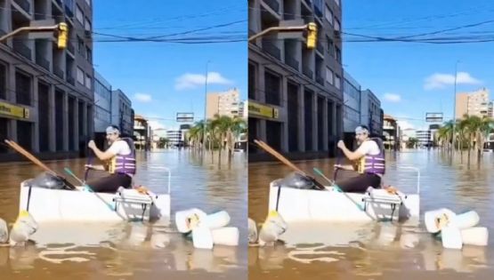 VÍDEO: homem navega por águas do Guaíba a bordo de uma geladeira